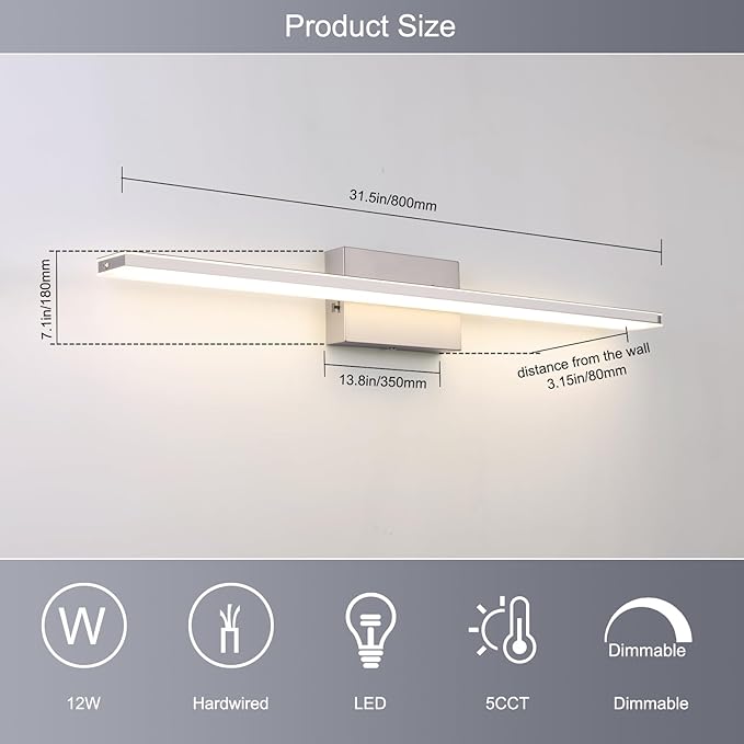 LED Brushed Nickel Vanity Light for Bathroom Lighting Fixtures Over Mirror Modern Bath Vanity Lights Bar 24W 5CCT Diammable Bathroom Lights 31.5 inch