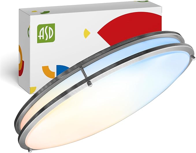 ASD LED 24" Oval Flush Mount Lighting, Close to Ceiling Light Fixture | 5CCT, Dimmable, ETL Listed | 38W 3289LM 2700-5000K 120V | Low Profile Double Ring Lamp | Nickel