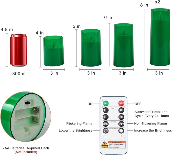Raycare St. Patrick's Day Flameless Candles Battery Operated with Remote Timer, Acrylic Flickering LED Pillar Candle for Christmas Decoration, Home Decor, Gift for Family and Friend, Green, Set of 5
