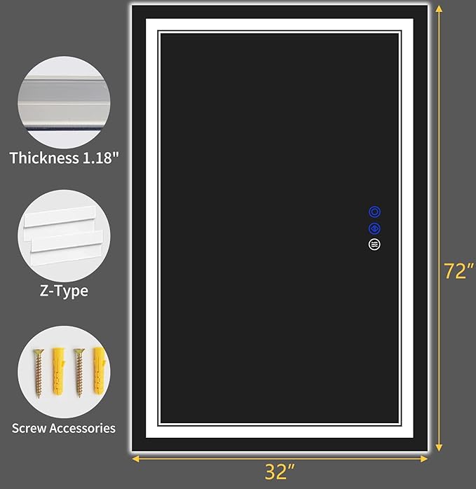 72"x32" LED Bathroom Mirror with Anti-Fog, Stepless Dimmable Lights, 3 Color Modes, Shatter-Proof Tempered Glass,Waterproof Design