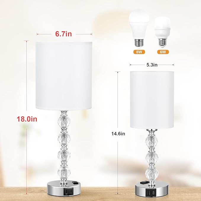 Acaxin Touch Bedside Crystal Lamps for Bedrooms Nightstand with USB C+A Charging Port and AC Outlet White, 3 Way Dimmable Silver Large End Side Table Lamp for Living/Guest/Dinning Room/Kitchen
