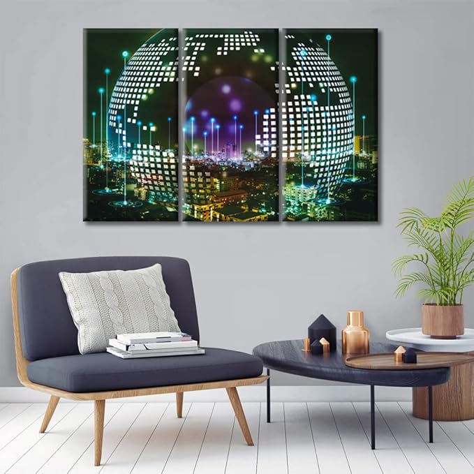 3 Pieces Communication Technology Concept Pictures Canvas Paintings Home Decor City with Wireless Network Connection Wall Art for Living Room Posters and Prints Framed Ready to Hang (36"Wx24"H)