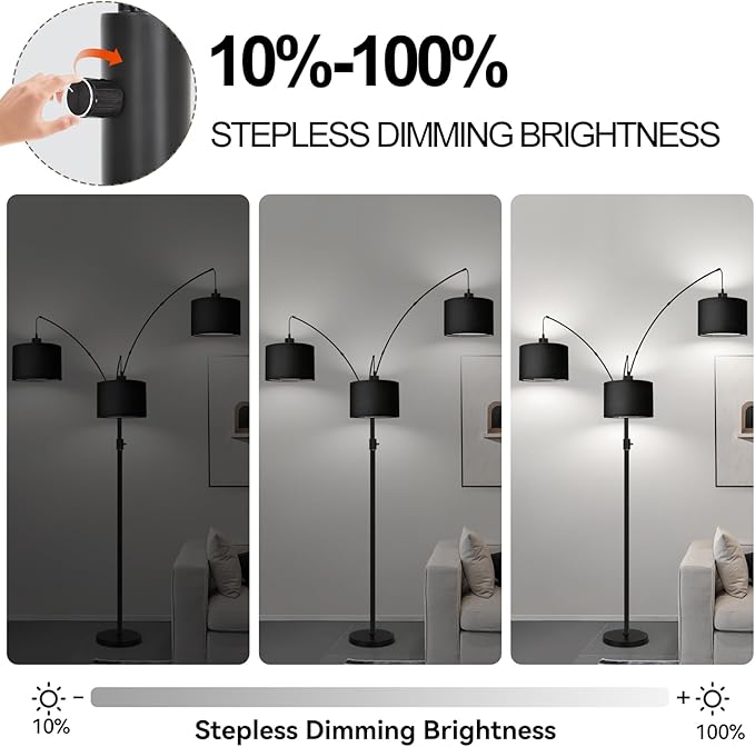 Dimmable Floor Lamp - 3 Lights Arc Floor Lamps for Living Room,Modern Tall Standing Tree Lamp with Black Linen Shade & Heavy Base,Mid Century Floor Lamp for Bedroom Corner Office, 3 LED Bulbs Included
