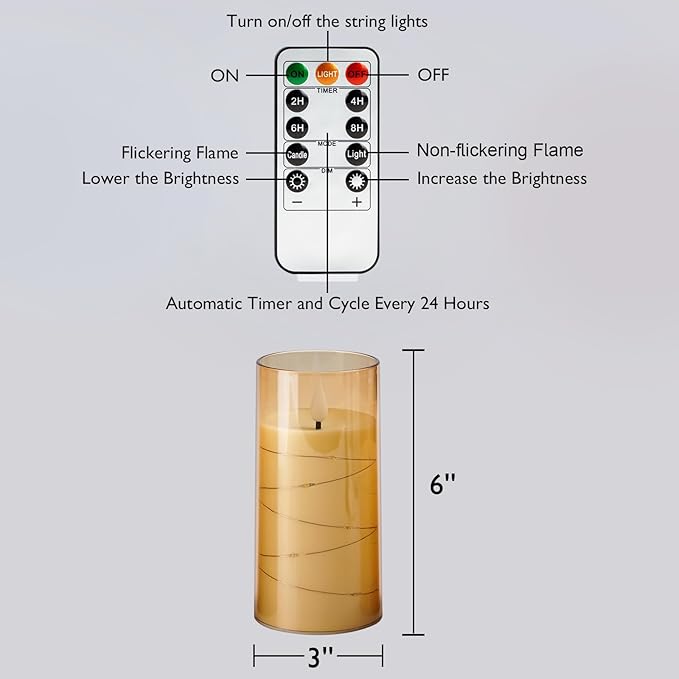Homemory Flameless Candles with Embedded Star String Fairy Lights, Battery Operated Candles, LED Candle, Fake Candles with Remote Control and Timer, Gold, Set of 2(H 6" 6")