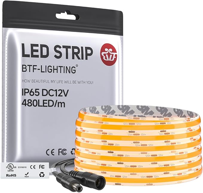 BTF-LIGHTING FCOB IP65 Waterproof Orange Color COB LED Strip 16.4FT DC12V 480LED/m 8mm Width Flexible High Density CRI 90+ Dimmable LED Light for Home Indoor Decor(No Controller or Adapter)
