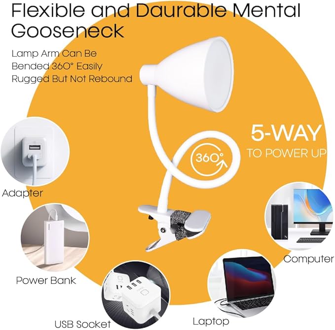 GlowVibe Desk Lamp Eye-Caring 360° Flexible Gooseneck 3 Color Modes 10 Brightness Dimmable 10W 40 LED, Portable Reading Book Light Clamp Study Desk Lamps for Bedroom and Office Home Lighting (White)