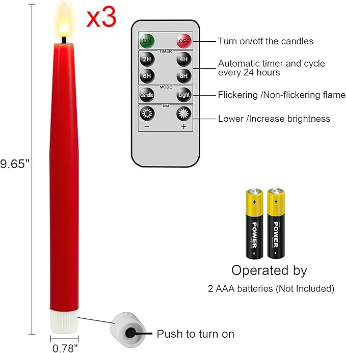 GenSwin Flameless Taper Candles, Set of 3 Red LED Taper Candles Battery Operated with Remote Timer, Real Wax Flameless Candlesticks with 3D Flame for Home Wedding Party Holiday Decor (0.78” x 9.65”)