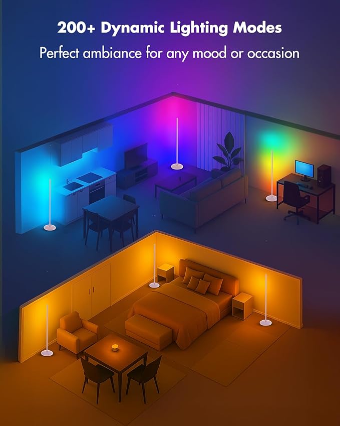 Corner Floor Lamp Silver, Smart RGB LED Corner Lamp with App & Remote, Modern Floor Lamp for Living Room, Bedroom, Color Changing Standing Lamps with 16 Million Colors, Scene Modes, Music Sync