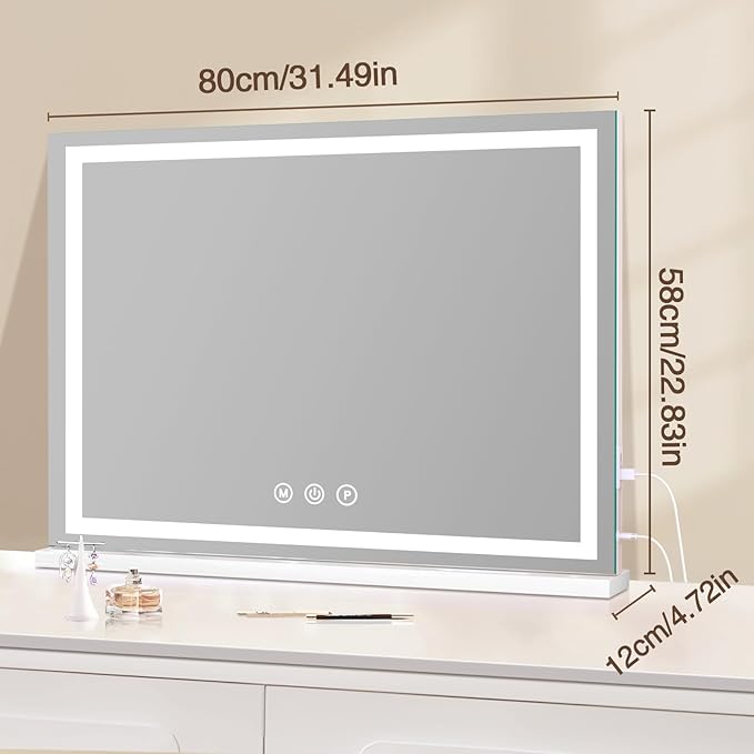 Vanity Mirror with Lights, 31.5" x 23.6" Large Makeup Mirror with LED Lights, Smart Touch Dimmable 3-Color Light, Memory Function, USB Charging Port