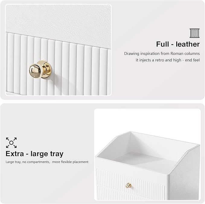 Desk Organizer,Beige White Vegan Leather Desk Accessories & Workspace Organizers with 2 Drawers & Tray,Key Holder with Gold-Tone Metal Accents knob，Jewelry Box,Nightstand