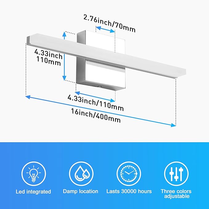 Combuh 16Inch LED Bathroom Vanity Light Bar Color Changing 3CCT Dimmable Shining Over Mirror Lighting Fixture Indoor Wall Sconces Modern 9W Chrome
