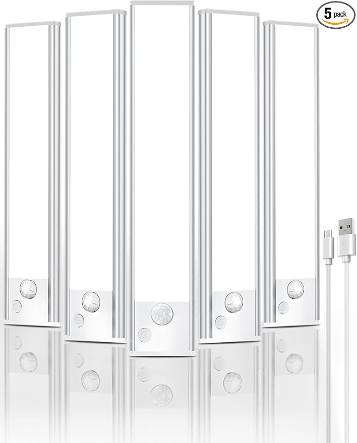 Under Cabinet Rechargeable Lighting: 10 Inch Motion Sensor Dimmable Lights Indoor - Battery Operated Lights - Wireless Closet Light Magnetic Led Light for Kitchen Home Bathroom Counter 5 Pack