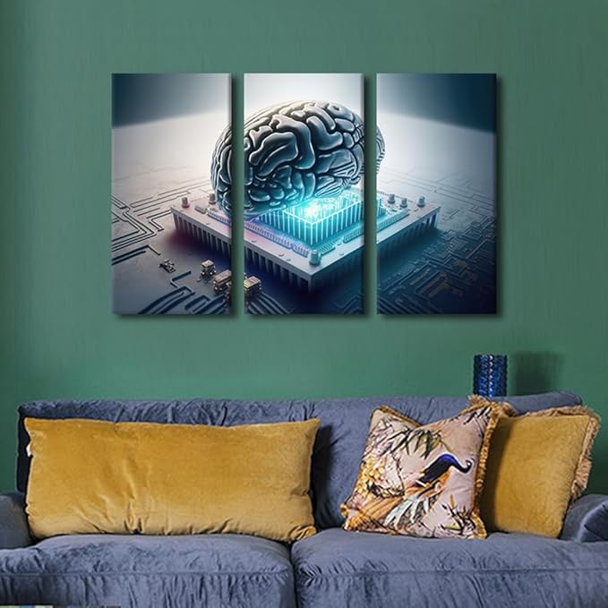 TUMOVO 3 Panel AI Wall Art Human Cyborg Brain Being Used with Computer Chip Pictures Print On Canvas Wall Art for Living Room, Modern Artwork Wooden Framed Ready to Hang, 36" Wx24 H