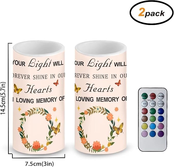 Personalized LED Memorial Candle for Loss of Loved One 2 Pack 6 x 3 inch Flameless Candles Pink Battery Operated Candles with Multicolor Timer Remote Control Flameless LED Fake Candles