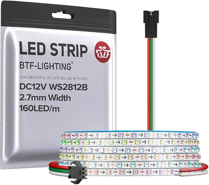 BTF-LIGHTING WS2812B IC RGB 2.7mm Ultra Narrow LED Strip 0807SMD DC12V Individually Addressable 9.8FT 160Pixels/m 480LED Dream Color Tape Light for Home DIY Decoration IP30 (No Adapter or Controller)
