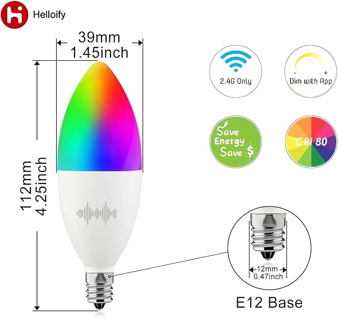B11 LED Smart, WiFiLight Candelabra Bulb Compatible with Alexa, RGBCW Color Changing, Cool Warm White Dimmable, No Hub Required, 40WEquivalent, RGB2700K-6500K, 2PCS