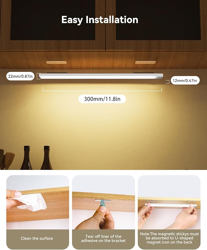 Rechargeable Under Cabinet Lighting 12 Inch 6-Pack, Motion Sensor Light Indoor 3 Color Temps, Dimmable Battery Operated Closet Lights, Wireless Under Counter Lights for Kitchen, Stairs