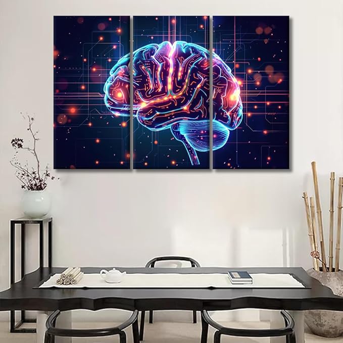 LSIUHWUWI Wall Decor for Bedroom AI Brain Cloud Networking Posters and Prints GPU, Crypto, AI Pictures Print on Canvas 3 Pieces Wall Artwork Stretched And Framed Ready to Hang 20x40inchx3