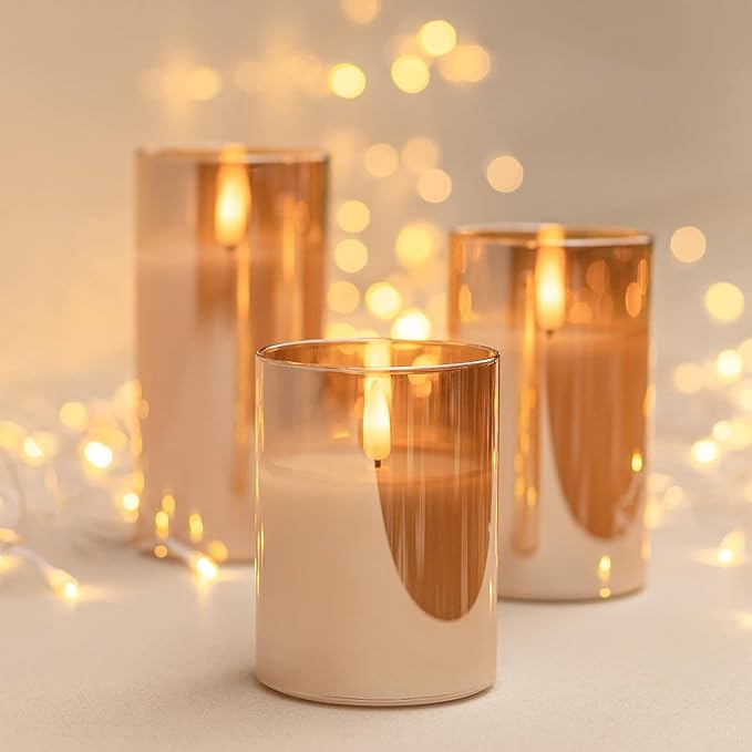 Glass LED Flameless Candles Set with Remote, Gold Battery Operated Fake Candles, Real Wax with Warm Flickering Light, Safe Decorative Pillar Candles for Home, Wedding, Party Gift (Pack of 3)