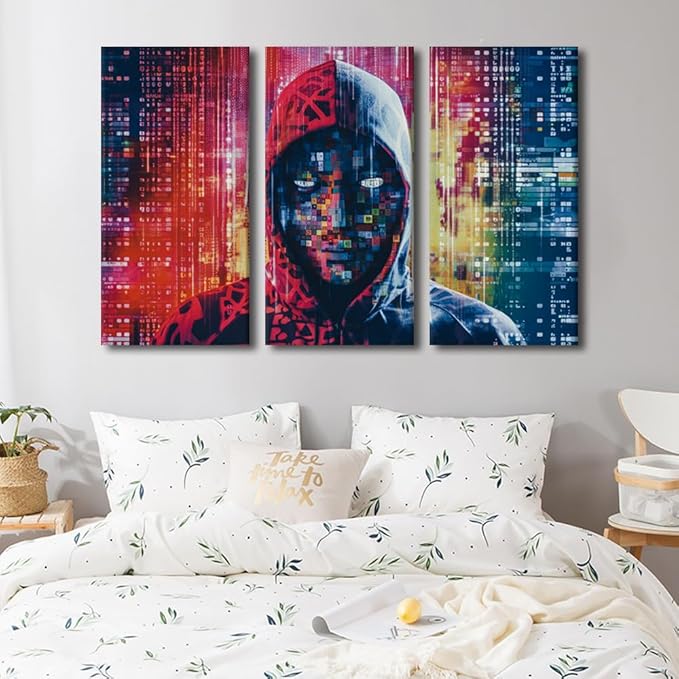 TUMOVO 3 Panel Canvas Wall Art Hacker in Mask on Dark Background with Digital Effects Pictures Print on Canvas Artwork for Home Office Decorative Stretched Framed Ready to Hang, 60" Wx40 H