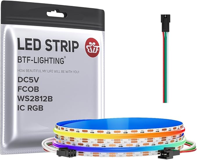 BTF-LIGHTING FCOB COB WS2812B IC RGB LED Strip DC5V 3.2FT Individual Addressable 160LED/m 160LEDs 160IC Dream Color IP30 Non-Waterproof High Density Light 0.39in Width(No Adapter or Controller)