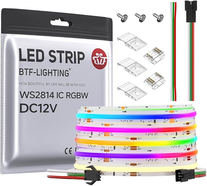 BTF-LIGHTING FCOB COB LED Strip WS2814 IC RGBW 3000K Flexible High Density Color Chasing Uniform Light 16.4FT DC12V 16IC/m 10mm Width for Home DIY Lighting Projects(No Adapter or Controller)