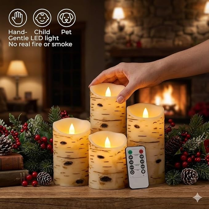 Comenzar Flameless Candles Birch Bark Texture, Flickering Flame Battery Operated LED Candles, Electric Plastic Candles with Remote Timer for Home Decor, Rustic Wedding Centerpiece, Gift Set of 3