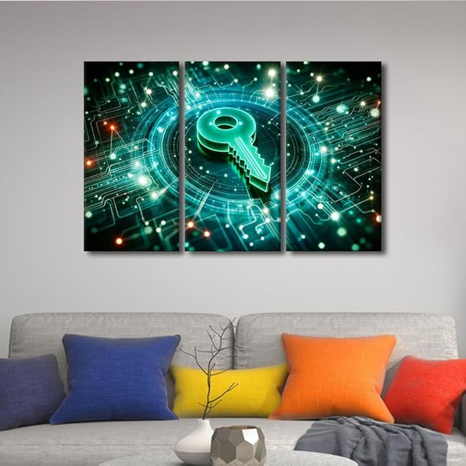 TUMOVO 3 Pieces Artificial Intelligence Wall Art Key Icon on Digital Circuit Board Background Pictures Print On Canvas for Living Room Bedroom Wall Decoration, Ready to Hang, 42" Wx28 H