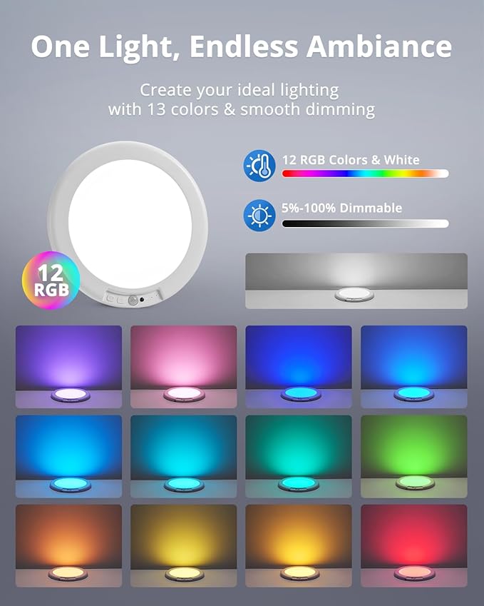 Combuh Rechargeable RGB Shower Lights - 12 Color Changing Ambient Light + Cool White, Motion Activated & Remote Control, Waterproof Cordless Wall Lamp LED for Closet, Pantry, Bedroom, 7.48 Inch