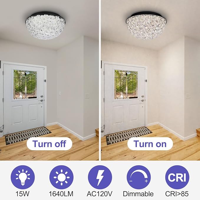 12’’ Modern Crystal Chandelier, LED Flush Mount Ceiling Light Fixture, 3/4/5000K Dimmable Ceiling Lamp for Dining Room, Entryway, Kitchen, Closet, Living Room, Bedroom, Hallway ETL Listed Black