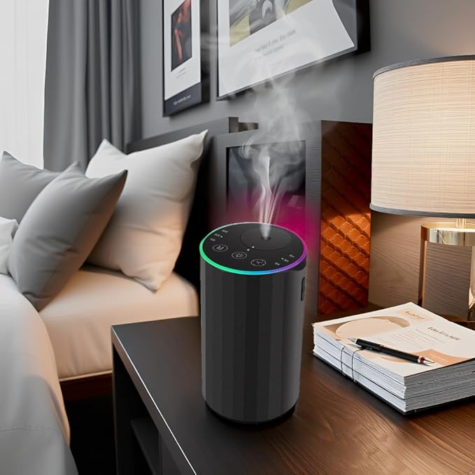 Waterless Essential Oil Diffuser, 7 Colors LED Light, Battery Powered Mini Scent Air Machine, Aromatherapy Mist Diffuser for Home Room Car Office，Black Aluminum Alloy (Black)