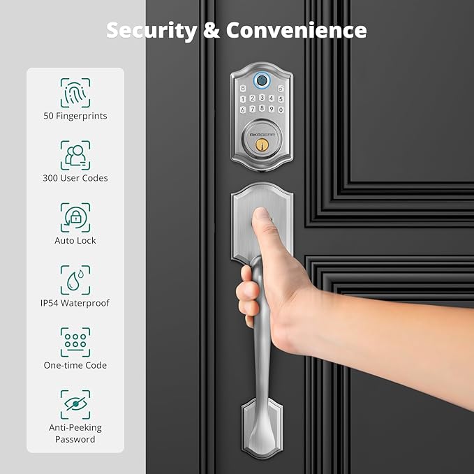 DS10 Pro Keyless Entry Door Lock with Handle Set, Smart Front Door Locks Set, Electronic Keypad, Fingerprint Deadbolt, Bluetooth APP Control, Auto-Lock & One Touch Locking, Satin Nickel