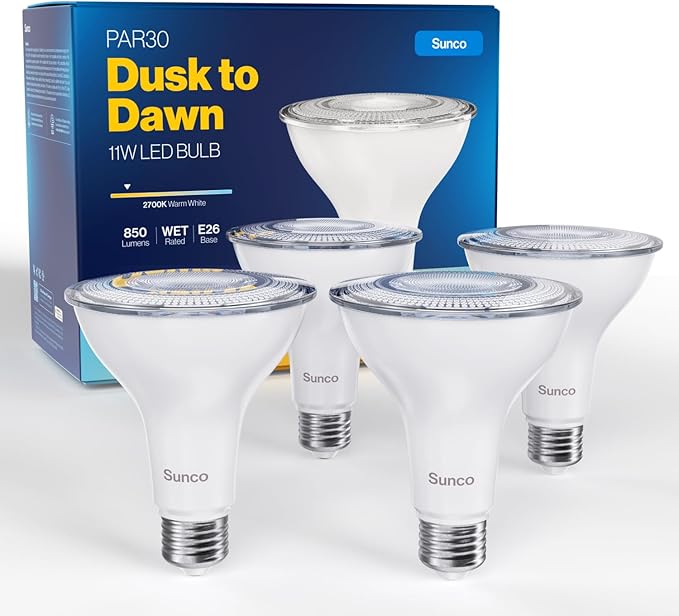 Sunco 4 Pack PAR30 LED Dusk to Dawn Light Bulbs, 850 Lumens, 11W, 2700K Soft White, Non-Dimmable, E26, Wet Rated Outdoor Flood Light Bulb with Photocell Sensor, for Porch, Patio, Backyard, UL