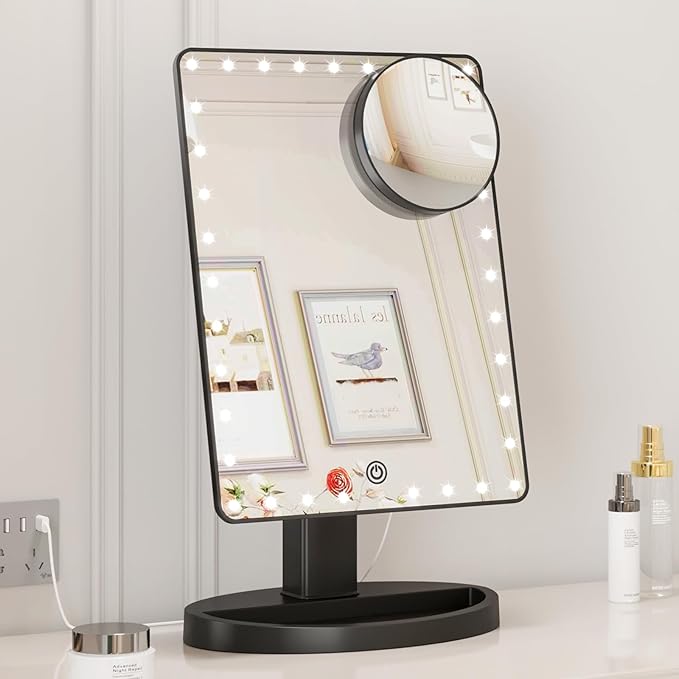 FUNTOUCH Large Lighted Makeup Mirror with Lights, Light Up Mirror with Small 10x Magnification for Desk, 360°Rotation Touch Screen,Brightness Adjustable Tabletop Cosmetic Vanity Make Up Mirror