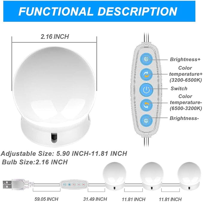 Vanity Mirror Lights, 10 Dimmable Bulbs DIY Hollywood Style LED Makeup Mirror Lights with USB Cable, Lighting Fixture Strip for Makeup Dressing Table Bathroom Dressing Room etc, White