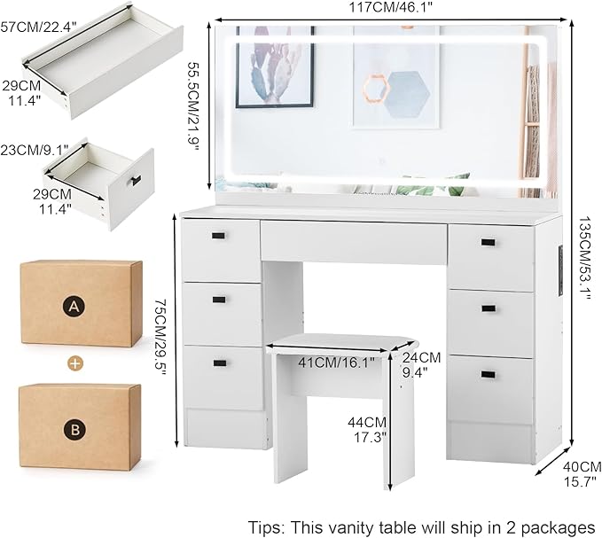 Makeup Vanity Desk with Large Lighted Mirror, Makeup Table with 7 Drawers, Touch Control 3 Color Modes & Adjustable Brightness LED Strip, Bedroom Dressing Table with Cushioned Stool (White)