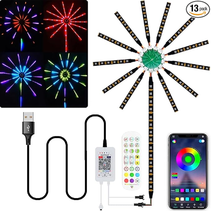 Firework LED Strip Lights Dream Color RGB Changing Music Sound Sync Bluetooth Firework Lights with Remote Control DC 5V USB LED Strip Lights for Home,Party,Storefront,Window,Holiday Decoration