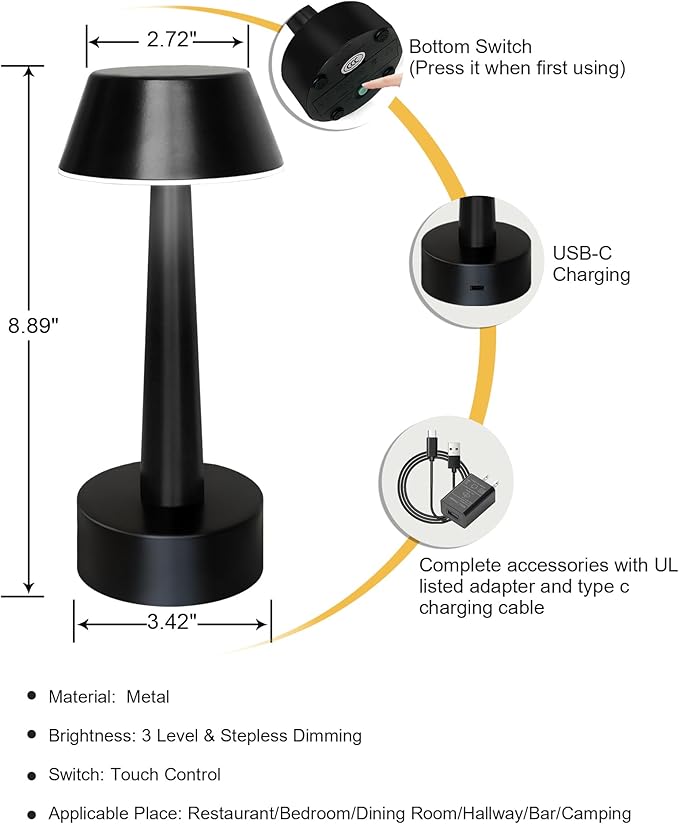 Cordless Rechargeable Table Lamp Small Battery Operated Lamp for Restaurant, 3 Color Stepless Dimmable LED Touch Lamp Portable Night Lights for Bedside Living Room Kitchen Bar Outdoor Patio Décor