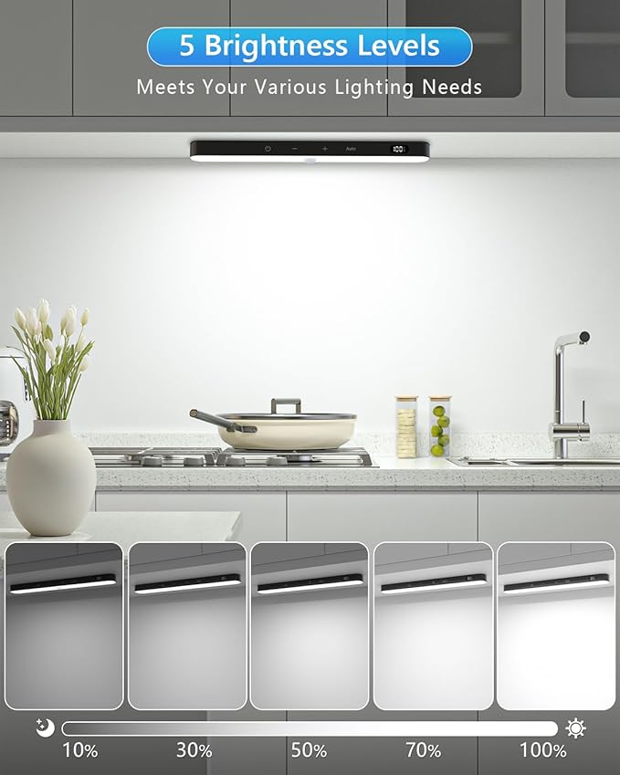 Ferswe Closet Lights Motion Sensored, Battery Level Display, Under Cabinet Lights Rechargeable, Dimmable Touch Control, 60 LED Motion Sensor Cabinet Light for Kitchen, Closet, Shelf(4 Pack)
