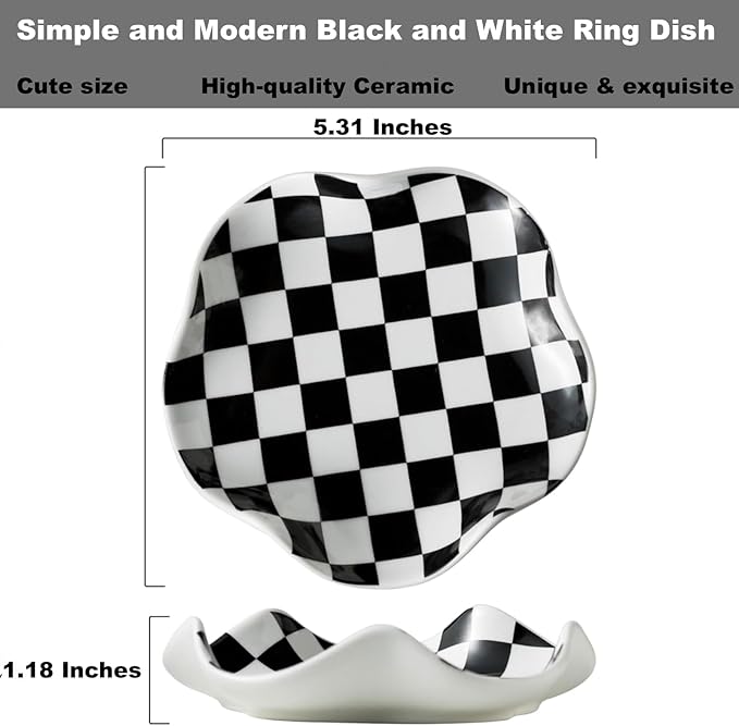 Aesthetic Ring Holder Dish, Cute Small Trinket Dish, Ceramic Jewelry Tray,Modern Checkered Cool Stuff for Girly Room Decor, Vanity Essentials for Teen Girls Women Dorm Room Bedroom Bathroom