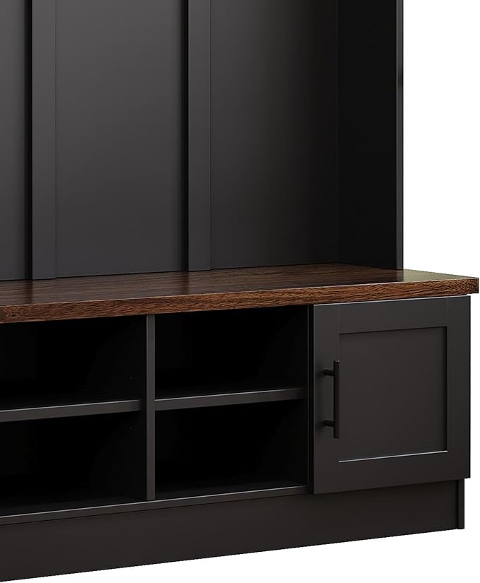 Modern 55‘’ Wide Hall Tree with 6 Hooks, Wood Brown Grain Minimalist Shoe Cabinet with Adjustable Shelves, Versatile Entryway Coat Rack for Living Room Hallway (Black-11A)