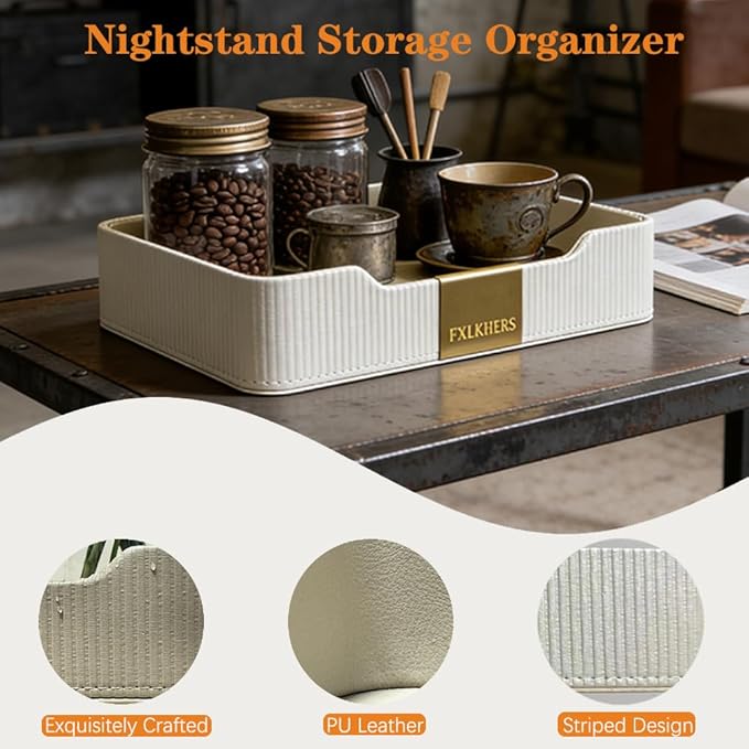 Valet Tray Nightstand Storage Organizer - PU Leather Desktop Storage Organizer Fits Cosmetics Perfume Skincare Lipsticks for Dresser Vanity, Catchall Tray for Watch Wallet Phone Keys|White