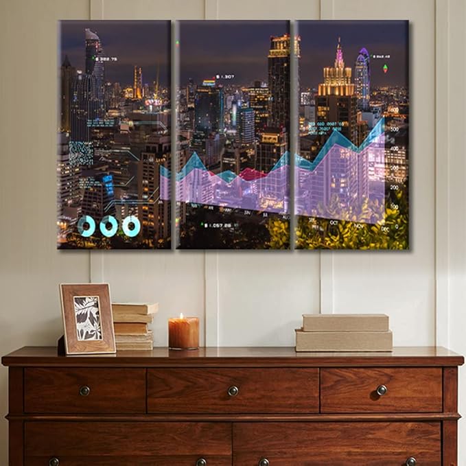 TUMOVO Stock Market on Display Paintings Wall Art Stock Exchange Market Pictures Living Room Wall Decor 3 Pieces City Building Background Black and White Wall Art Framed Ready to Hang (36" Wx24 H)