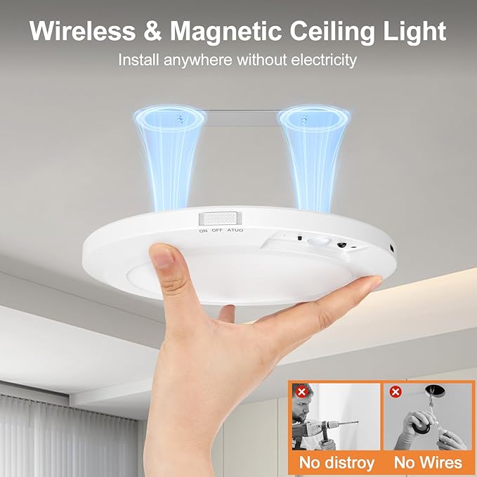 2 Pack Rechargeable Ceiling Light with Motion Sensor: Battery Operated LED Closet Light with Remote & Timing - Wireless Dimmable Magnetic Mount Shower Lamp for Bathroom/Stairs/Garage/Hallway