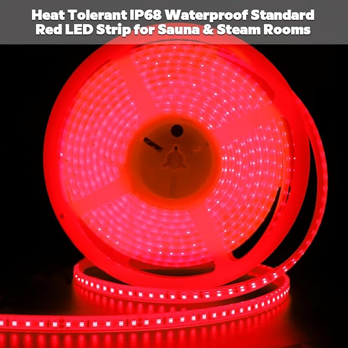 DC24V 630nm Red LED Strip for Sauna Lighting, Flexible Cuttable Dimmable Long 5m 16.4ft 600 LEDs Heat-Resistant IP68 Waterproof Chromotherapy Sauna Light Tape (Ordinary Red)