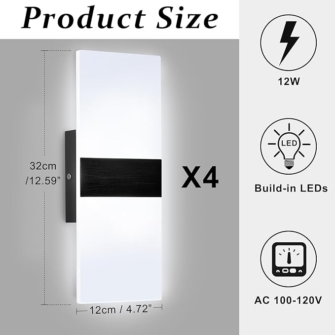 Retisee 4 Packs LED Wall Sconces 12W Acrylic Wall Sconces Modern Dimmable Wall Lighting Hardwired for Hallway Living Room Corridor Bedroom Stairway Indoor Outdoor