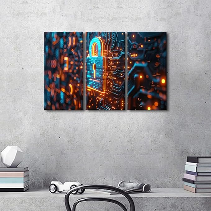 TUMOVO 3 Panels Wall Art AI Intelligence Canvas Prints Security Lock Symbol Paintings Modern Artwork for Home Walls AI Posters and Prints Giclee Gallery-wrapped Framed Ready to Hang, 36" Wx24 H