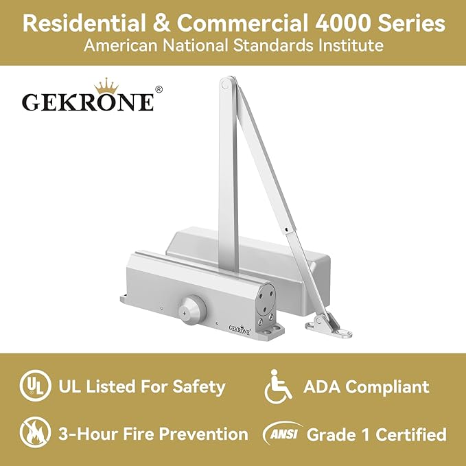 Automatic Door Closer Heavy Duty Hydraulic Aluminum Alloy Surface Mounted Home Door Closer Commerical UL 3-Hour Fire Rating ANSI Grade 1 Adjustable Speed Spring Size 2-5 Door Weight 44-330 Lbs