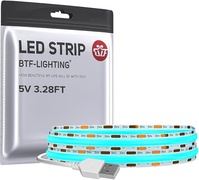 BTF-LIGHTING FCOB USB Powered Ice Blue COB LED Strip Lights 3.28FT 320LEDs 5V 8mm Width 90+ High CRI Ultra Bright Flexible Light for 3D Printer TV Backlight Display Cabinet PC DIY Decor