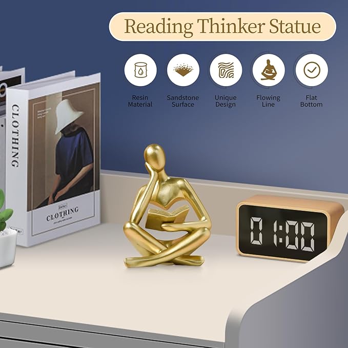 Abstract Art Thinker Statue - Reading Thinker Sculpture Figurine, Modern Home Decoration for Living Room Office Shelves Coffee Table Desk Decor (Gold)